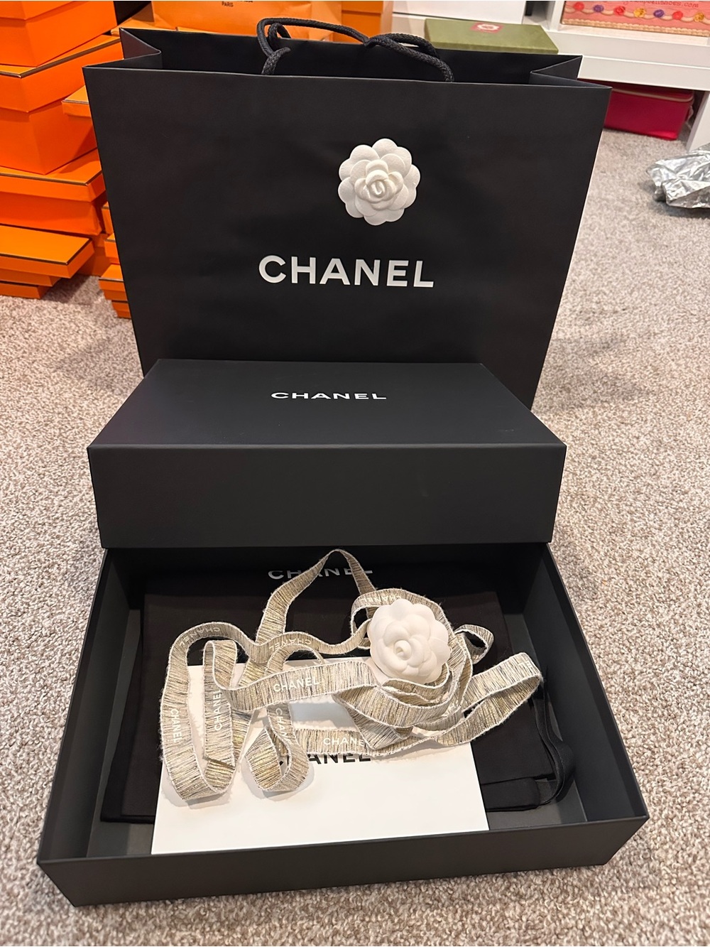 Chanel packaging likely for a small to medium handbag or accessory